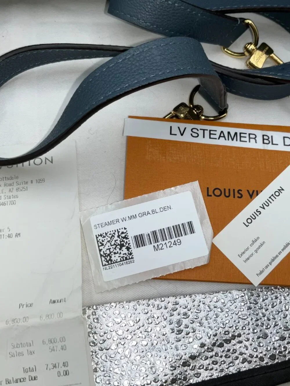 Louis Vuitton Blue Demin Leather Steamer M21249 MM Excellent Condition Receipt